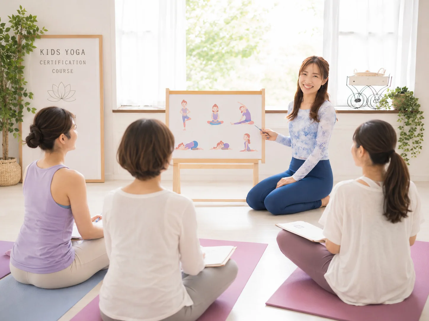 子どもの発達段階に合わせた姿勢や呼吸の指導を学ぶ様子