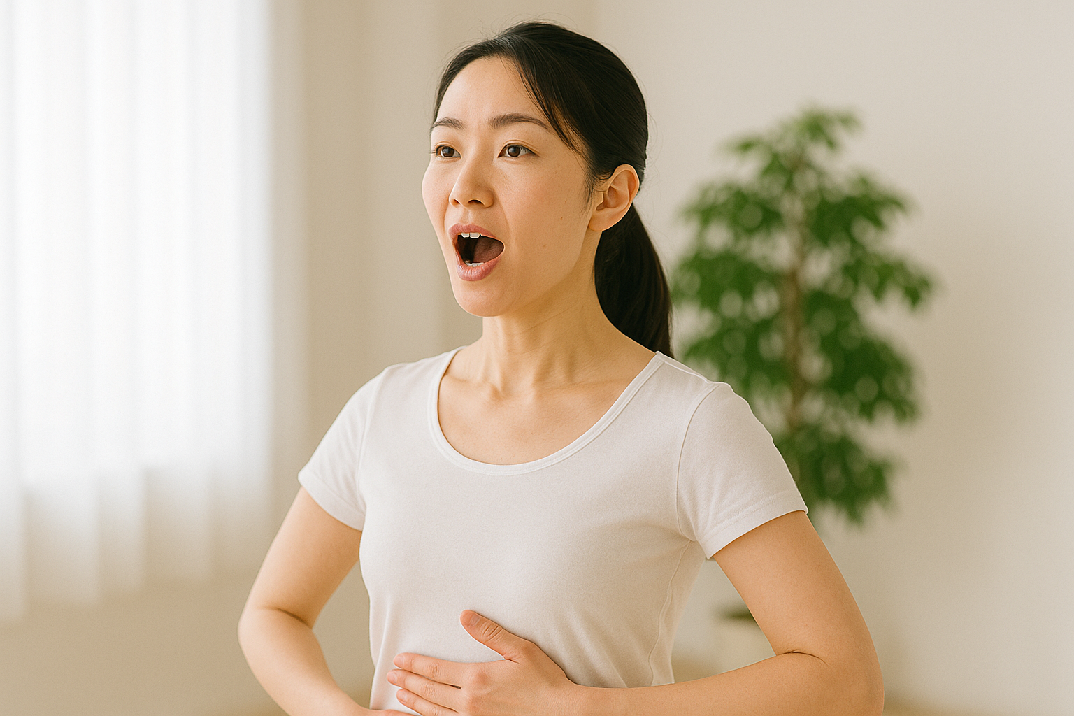 お腹の動きを感じながら呼吸を整えるイメージ