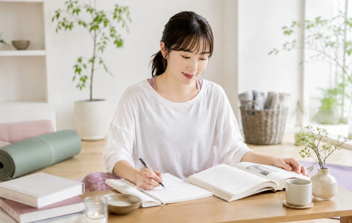 テキストを使ってヨガ哲学を学ぶ様子