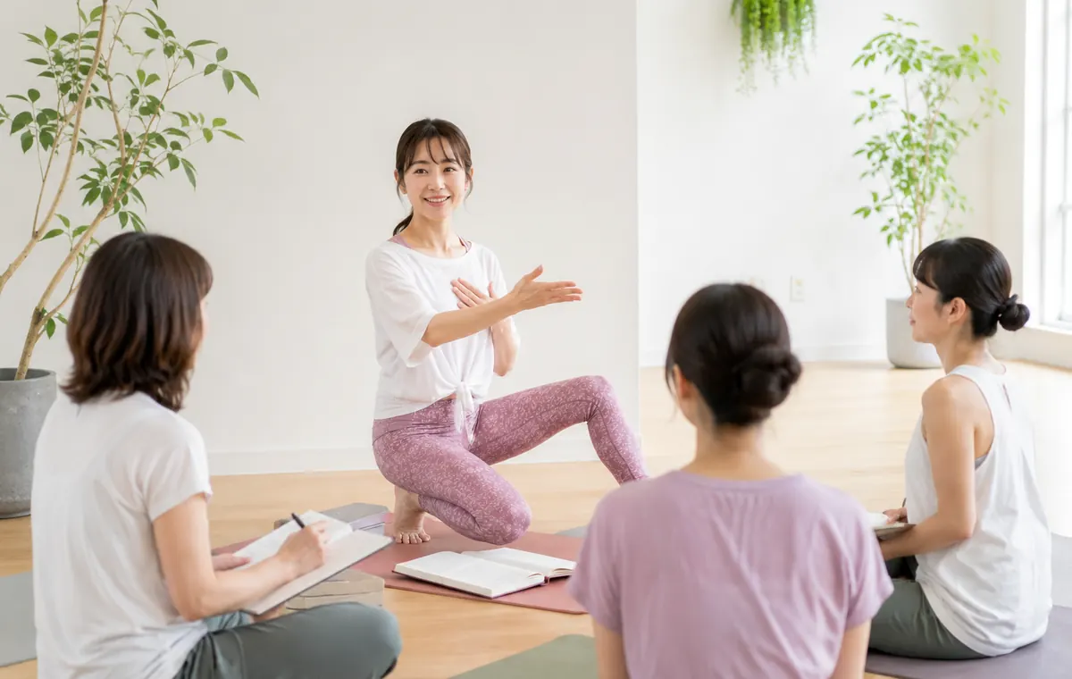 受講生の前でヨガの伝え方を練習する様子